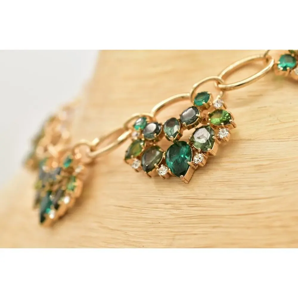 Carolee Vintage Crystal Collar Necklace Green Bezel Gold Glitz Signed Y2K BinA17